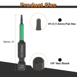 HARFINGTON 2pcs H1.5 Flat Hex Head Screwdriver Bit 1.5mm Metric Tip 1/4" Hex Shank 50mm (2") Long Magnetic Hexagonal Screw Drill Bit Wrench Black Phosphate S2 Steel Power Driver Socket