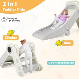 BABY JOY Toddler Slide, Foldable Slide for Kids Toddlers Aged 18+ Months, 2 in 1 Indoor Folding Freestanding Baby Climber Playset Playground with Climber (Grey+White)