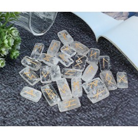 Crocon Clear Quartz Rectangle Shape Gemstone Runes with Elder Futhark Alphabet Engraved 25 pcs Rune Set |Crystal Divination Metaphysical Healing Chakra Reiki Runes Set| with a Pouch| Size : 20-25mm