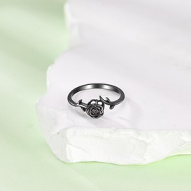 Black Rose Ring Sterling Silver Goth Black Rose Flower Ring for Women Gothic Jewellery for Women-Size 7