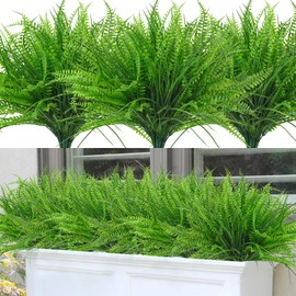 ASTNIC 8 Bundles Artificial Plants Boston Fern Wheat Grass Shrubs Outdoor Faux Plants Faux Fern Stems UV Resistant Artificial Outdoor Plants Greenery for Home Gardens Patio Yards Decor