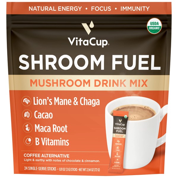 VitaCup Shroom Fuel, Mushroom Based Coffee Alternative Packets, Mushroom Coffee Substitute w/Cacao, Cinnamon, Chaga, Lions Mane, & Maca for Energy, Immune Support, & Focus, 24 ct