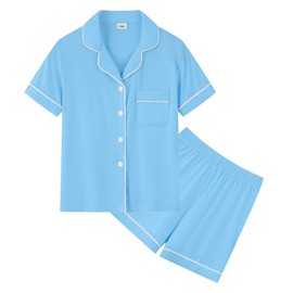 SWOMOG Kids Pyjamas Girls Boys Short Sleeve Button Down PJs Sets Soft Breathable Sleepwear Children Nightwear Light Blue