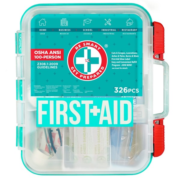 Be Smart Get Prepared First Aid Kit, Teal, 326 Piece, Exceeds OSHA and ANSI Guidelines 100 People - Office, Home, Car, School, Emergency, Survival, Camping, Hunting and Sports