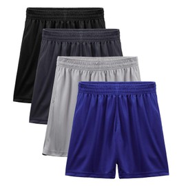BEARAE Boys Athletic Shorts with Pockets, Quick Dry Performance Basketball Shorts, Active Shorts with Drawstring, 4 Pack Black+dark Gray+light Gray+blue, 7-8