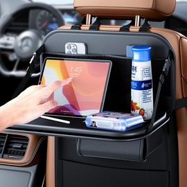 Tumecos Car Seat Back Organizer with Table Plate Hanging PU Leather Car Storage Bag Car Tissue Box Leather Car Organizer for Back Seat (Black)