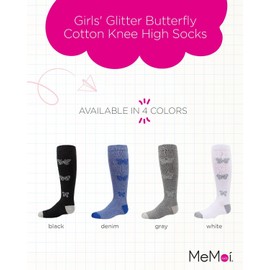 MeMoi Girls' Glitter Butterfly Cotton Knee High Socks White 10