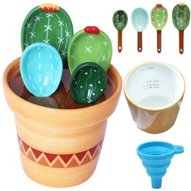 Cactus Measuring Spoons Set in Pot Unique Measuring Cups and Spoons for Coffee Salt Sugar Novelty Cute Baking Gifts Dishwasher Safe Ceramic Measuring Spoons Blue