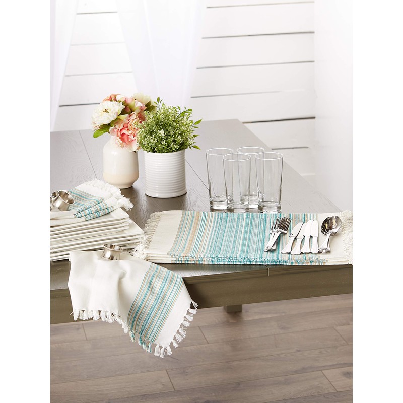 DII Everyday Collection, Fringed Stripe Tabletop, Napkin Set, Teal, 6