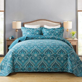 Travan 3-Piece Cotton Quilt Set Quilted Bedding Set for All Season, Cyan Blue Flower, King Size