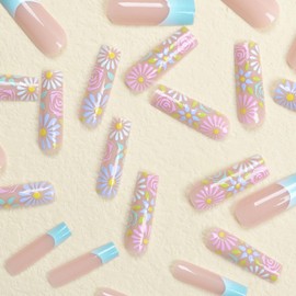 MISUD Press on Nails Long Square Fake Nails Glossy Glue on Nails Blue French Tip Acrylic Nails Squoval Artificial Nails Summer Cute Flower Stick on False Nails with Design 24 pcs