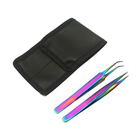 OdontoMed2011 Set of 2 Stainless Steel Multi Titanium Rainbow Color 3D Eyelash Extension Tweezers Pro Straight Angled + Straight Fine Point Jewelry-Making, Laboratory Work