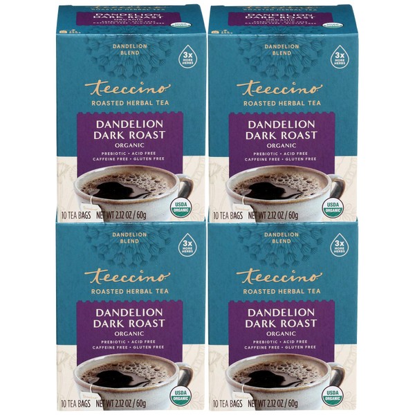 Teeccino Dandelion Tea – Dark Roast – Rich & Roasted Herbal Tea That’s Caffeine Free & Prebiotic with Detoxifying Dandelion Root, 10 Tea Bags (Pack of 4)