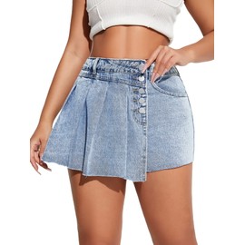 WDIRARA Women's Wrap Button Front Asymmetrical Hem Denim Skort Pocket Skirt Shorts Pure Light Blue M