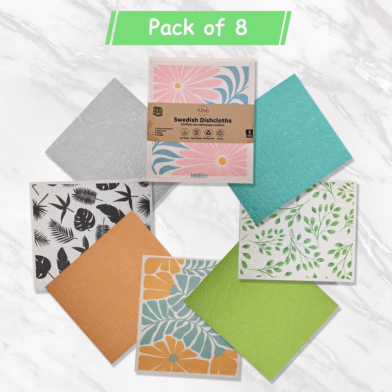 ABM - 8 Pack Swedish Dish Cloths, Biodegradable, Washable, Reusable,