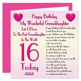 My Granddaughter 16th Happy Birthday Card - Lots Of Love To The Best Granddaughter In The World - 16 Today