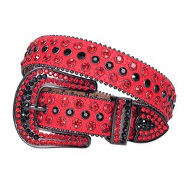 TINIDI Men Women Rhinestones Belt Western Bling Diamond Crystal Studded Leather Belt For Jeans Pants (48: fits waist from 36"-38", Red-Black)