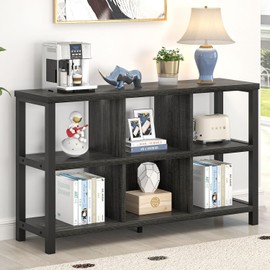 FOLUBAN 6 Cube Storage Organizer with Shelf, Wood and Metal Cubby Bookcase, Industrial Low Horizontal Bookshelf (Dark Grey, 47 Inch)
