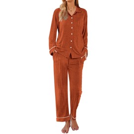 Ekouaer Womens Pajama Sets Long Sleeve Sleepwear Button Down Loungewear Soft 2 Piece Pj Set with Pockets Caramel M