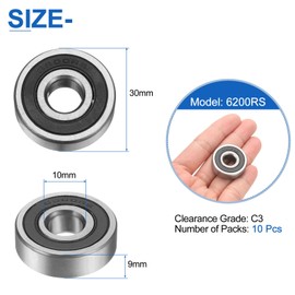 uxcell 10pcs 6200RS Deep Groove Ball Bearings 10 x 30 x 9mm High Carbon Steel Double Sealed Bearings C3 Clearance Grade for Electric Motor, Home Appliances, Garden Machinery, Silver