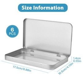 Elesunory 6 Pcs Metal Rectangular Tin Metal Hinged Lid, 6.88 x 4.13 x 0.55 Inch Mini Portable Small Storage Container Tin Box, Metal Box with Hinged Lid for Home or Outdoor Active Storage (Silver)