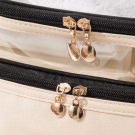 Double Layer Makeup Bag Waterproof, Spacious Alloy Zippers Durable Handle Essential Organizer for Home and Travel (Beige)