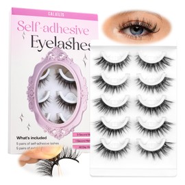 CALAILIS Self Adhesive Eyelashes 5 Pairs Natural Look Press On Lashes No Glue Need Eyelashes Reusable Cat Eye Wispy Self-adhesive False Lashes with Replacement Adhesive Strips (C131)