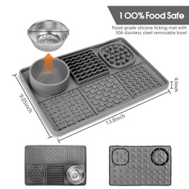 Dog Lick Mat for Medium Large Dogs, Silicone Slow Feeder Dog Licking Mat with Bowls, Peanut Butter Lick Pad Feeding Mat for Dog Anxiety Relief, Reduce Boredom, Improve Eating Habit (Grey)