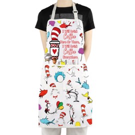 CMNIM Cat In Hat Book Inspired Gift I Will Drink Coffee Everywhere Adjustable Apron Dr Fans Cooking Apron Seussical Merch (Drink Coffee Apron)