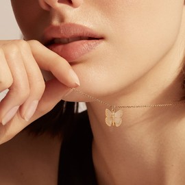 Initial Butterfly Pendant Necklace,Women 21k Gold Plated Handmade Dainty Butterfly Necklace with Initial Round Disk Pendant J