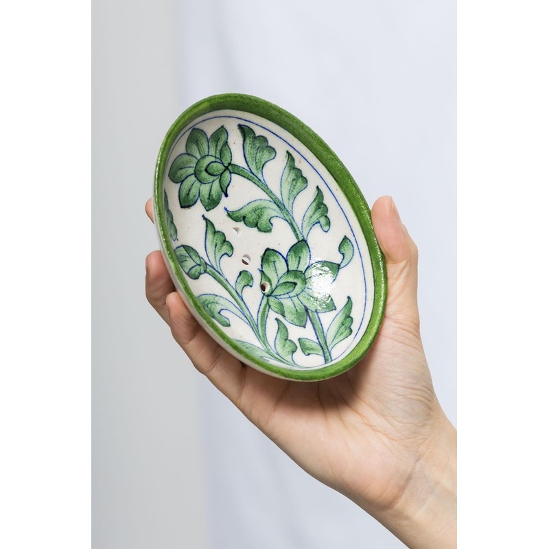 Tranquillo Blue Pottery Stoneware Oval Soap Dish with Floral Green