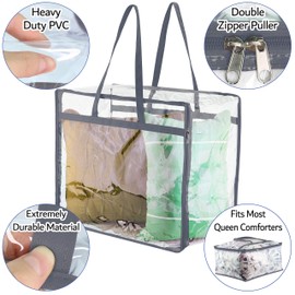Clear Vinyl Zippered Storage Bags (3-Pack) 40L Sturdy Storage Bags for Sweaters, Blankets, Comforters, Bedding Sets and Much More! (Gray, 18x15x9)