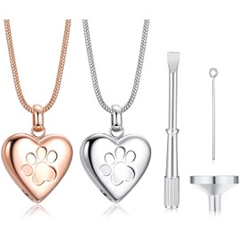 Milacolato Urn Chain for Ashes Pendant Paw Print Pet Heart Urn Necklace Memorial Keepsake Urn Jewellery with Funnel Kit for Pet / Dog / Cat Ashes 2 Pieces
