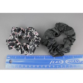 Black floral Black solid set 2 fabric ponytail holder hair tie scrunchies soft rayon fabric