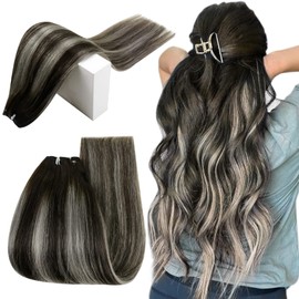 Runature Real Hair Extensions, Sew-In Black Ombre, 40cm, Sew-in Hair Extensions, Straight 100g, One Piece, Black Balayage, Silver #1B/Silver/1B