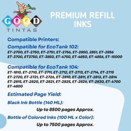 GOODTINTAS 102 104 Ink Bottle Compatible with Epson 102 104 Ink Cartridge for Ecotank 102 104 ET-1810 ET-2710 ET-2711 ET-2720 ET-2726 ET-2750 ET-3700 ET-3750 ET-3750 ET-3750 ET-3750 ET-3750 750