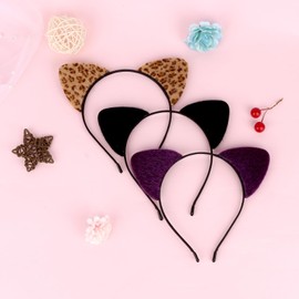 BAHABY 3 PCS Cat Ears Headband Cat Hairbands Cute Kitty Headband Hair Hair Accessories for Women Girls (Black/Leopard Print/Purple)