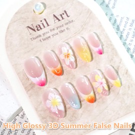 24 Pcs Summer Almond False Nails with 3D Flowers Design - Medium Yellow French Tip False Nails with Glue - Removable Yellow Tip Stick on Nails Fake Nails for Nail Art Accessories