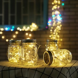 Cynzia Solar Mason Jar Lid Lights, 8 Pack 20 LED Waterproof Fairy Star Firefly String Lights with (8 Hangers Included,Jars Not Included), for Mason Jar Table Garden Wedding Party Decor (Warm White)