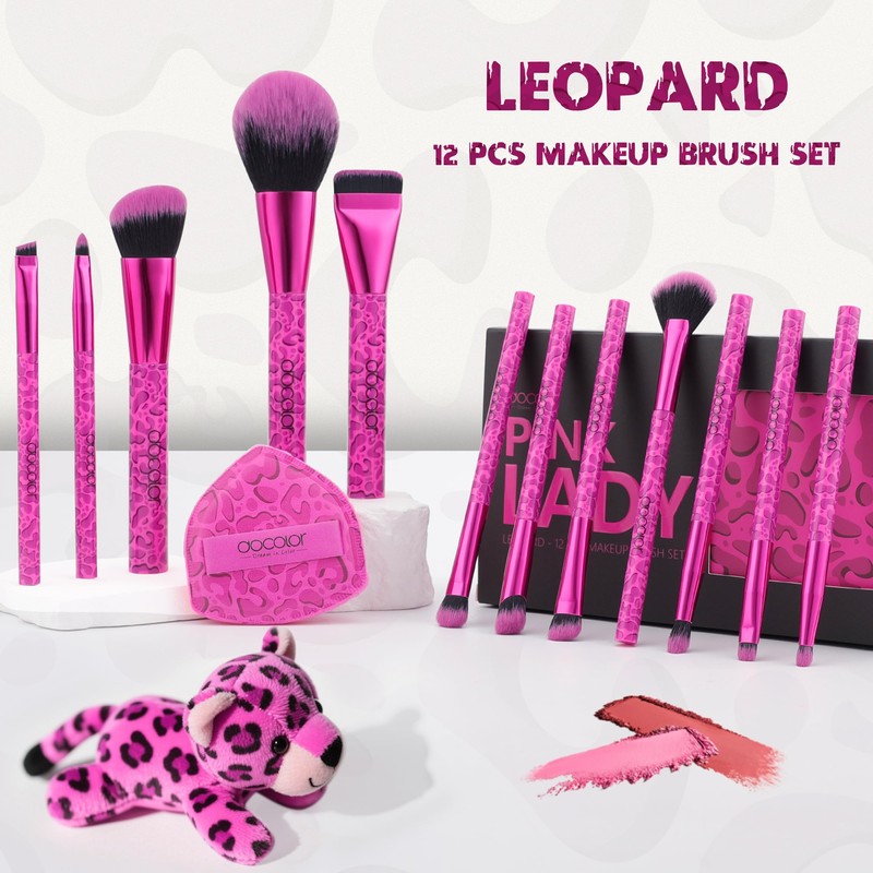 docolor Makeup Brushes 12PCS Pink Leopard Makeup Brush Set Premium