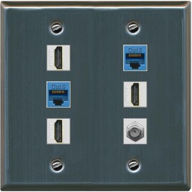 RiteAV 3 HDMI Wall Plate 2 Cat6 1 Coax - Flat 2 Gang [Stainless Steel]