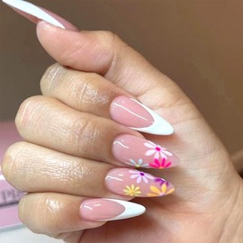 White French Tip Press on Nails Almond Fake Nails Medium with Color Flower Design Nails Press ons Pink Full Cover False Nails Glossy Acrylic Nails Artificial Stick on Nails for Women 24Pcs