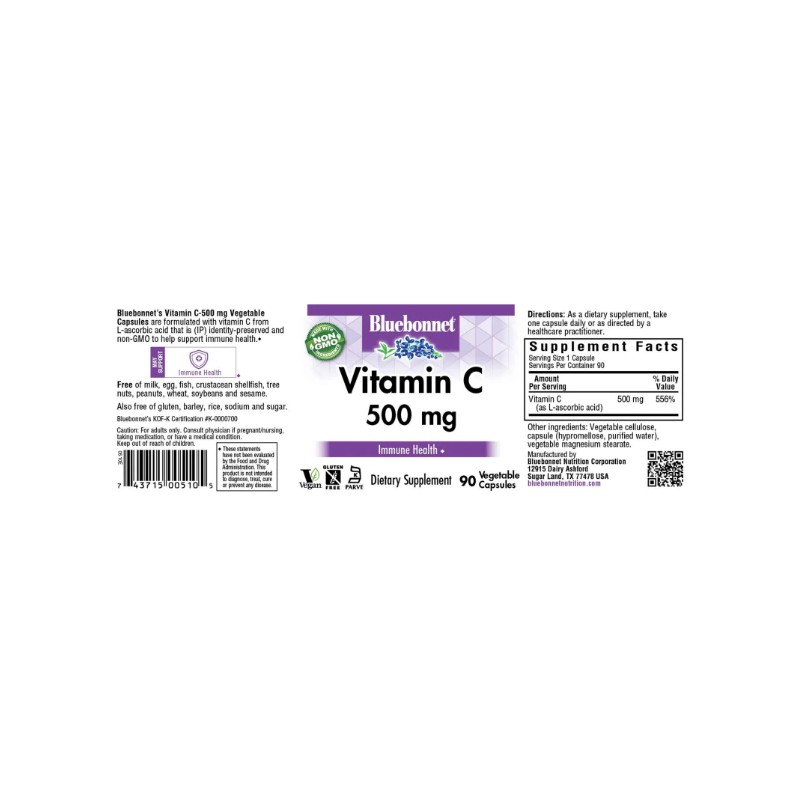 Bluebonnet Vitamin C 500 Mg 90 Vegetable Capsules, Immune Health
