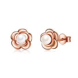 VYYU Rose Gold Flower Earrings for Women Girls, Rose Gold Stud Earrings with Dainty Pearl, Beautiful Flower Stud Earrings | Sleeper Hypoallergenic Earrings, Jewellery Earrings Christmas Birthday Gifts