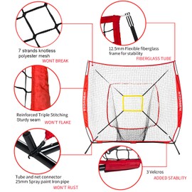 Storgem Baseball and Softball Practice Net 7×7ft Portable Hitting Pitching Batting Training Net Baseball Backstop Net with Batting Tee and Strike Zone and Bow Frame (Red Net and Tee Pro)