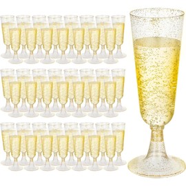 mwellewm 50 Pcs Plastic Champagne Flutes, Disposable Clear Champagne Glasses, Mimosa Glasses 5oz Plastic Wine Glasses, Assemble Plastic Champagne Cups for Party Wedding Cocktail Cups (Gold Glitter)