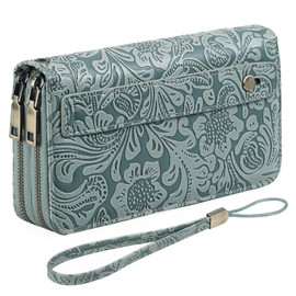 GOIACII Women's Wallet Wristlet Ladies Phone Purse RFID Blocking Card Holder Grip Hand Strap Double Zip Vegan Leather Blue