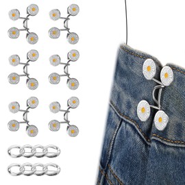 Penitue 8 Piece Waistband Set, Waistband Clip Made of Zinc Alloy, Reusable Trouser Adjuster Button with Chain Pin for Women, Loose Clothing (Small, Silver, Daisy Design)