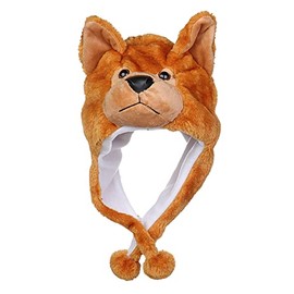 JK Home 2-in-1 Hat with Earflaps Scarf Set Cute Plush Animal Hat Cosplay Costume Headwear Warm Soft Cozy Hats for Kids Adults One Size Novelty Headgear Photo Props Brown Wolf