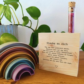 Glaube - Glaube an dich Holzbild 11x11x2cm zum Hinstellen auf's Regal/Sideboard mit Reagenzglas - Du bist der Weg, Lebe dein Leben, Hör auf dein Herz, Typografie, Sprüche, Hygge Deko, Wohnzimmer Deko